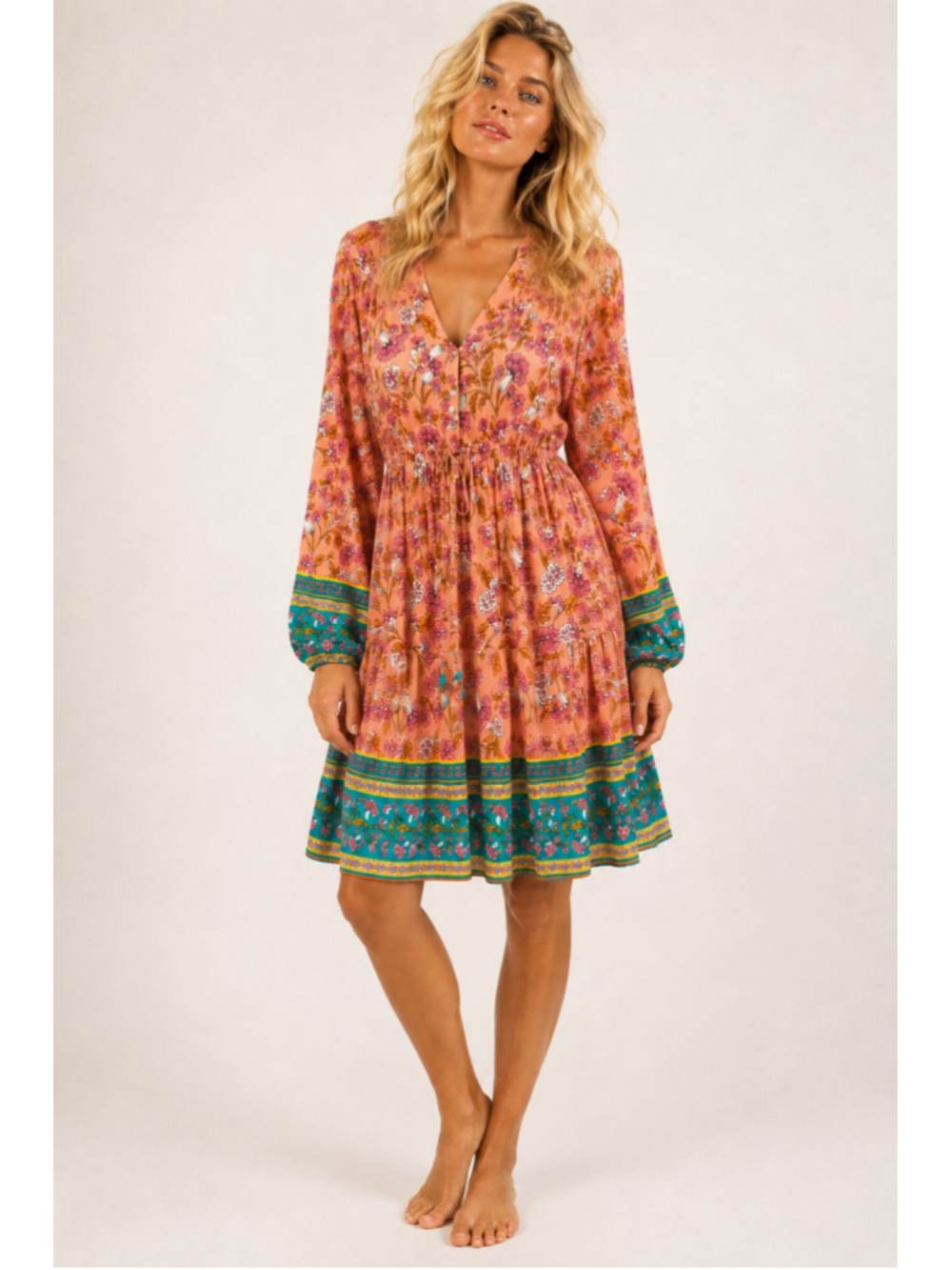 Pink Lily Peach Floral Boho Dress Coastal Resort Beach Boho Lightweight Feminine